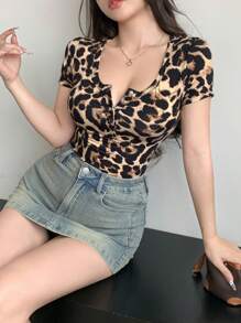 Dazy Star 女士夏季休闲豹纹修身短袖T恤、短款上衣 - 彩色 - 查看 7