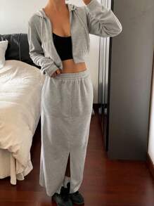 DAZY 2 piezas/Conjunto falda mini ajustada y sudadera con capucha de unicolor para mujer