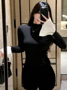 DAZY 女式拼色立领喇叭袖修身T恤，春秋长袖女上衣，秋季女装立领女装