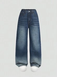 Y2K Fashion Casual Simple Washed Blue-Grey Denim Jeans For Teenage Girls - Medium Wash - View 1