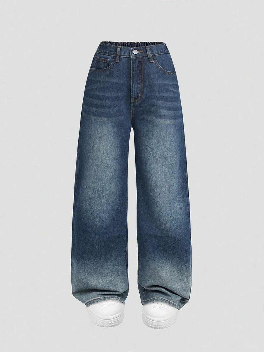 Y2K Fashion Casual Simple Washed Blue-Grey Denim Jeans For Teenage Girls - Medium Wash - View 1