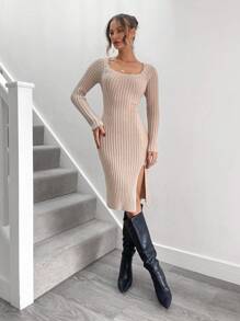 Chiquease Vestido de suéter con cuello redondo de manga larga, de un solo color, de punto acanalado y con abertura