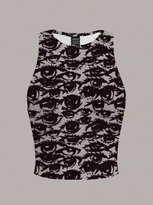 Attitoon Áo ba lỗ in hình mắt toàn thân cổ tròn phong cách Grunge giản dị dành cho nữ, mùa hè - trắng - Xem 4