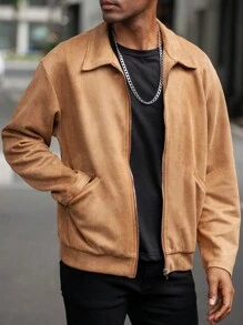 Manfinity Homme 男式纯色前拉链口袋休闲轻便长袖上衣 - 咖啡棕 - 查看 5