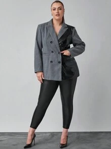 SHEIN Clasi Plus Size Women's PU Patchwork Suit Jacket For Office/Commute Wear In Autumn & Winter - Multicolor - View 6