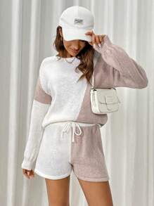 SHEIN LUNE 2 peças Conjunto de Roupa Casual para Relaxamento de Moletom e Shorts Feminino - Multicolorido - Visão 6