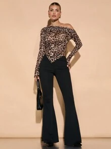 SHEIN BAE Women Leopard Print Off-The-Shoulder Top With Pleated Hem And Asymmetrical Hem - Coffee Brown - View 1