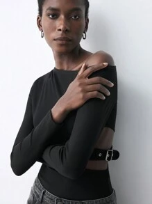 Maija Women's Black Solid Asymmetric Neck Hollow Waist Metal Buckle Fitted Casual Urban Long Sleeve T-Shirt Tops For Early Spring, Suitable For St. Patrick's Day, Easter, Chinese New Year, Music Festivals