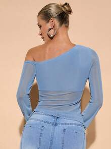 SHEIN BAE Áo thun trơn cổ bất đối xứng tay dài đơn giản trong suốt cho nữ - Màu xanh lam - Xem 2