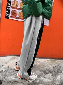 DAZY Men's Letter Print Patchwork Fleece Sweatpants, Autumn Men Joggers,Winter