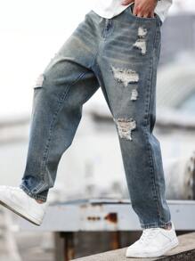 Manfinity LEGND Men's Loose Fit Distressed Washed Baggy Jeans, Casual Everyday - Medium Wash - View 5