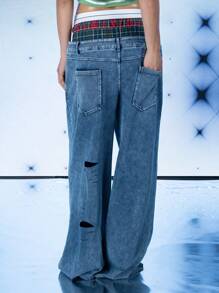 FREAK CITY Designer Women Distressed Washed Denim Effect Baggy Layered Waist Pants Retro Street Navy Blue Cowgirl Pants, For Holiday, Vacation, Spring, Festival, Ibiza Fits