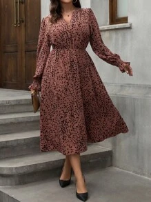 SHEIN Clasi 大码 V 领全印花长袖休闲连衣裙 - 藕粉色 - 查看 1