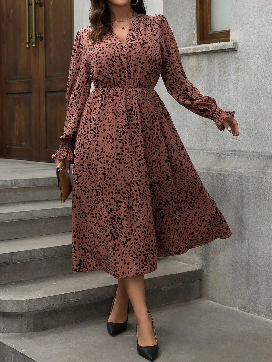 SHEIN Clasi 大码 V 领全印花长袖休闲连衣裙 - 藕粉色 - 查看 1