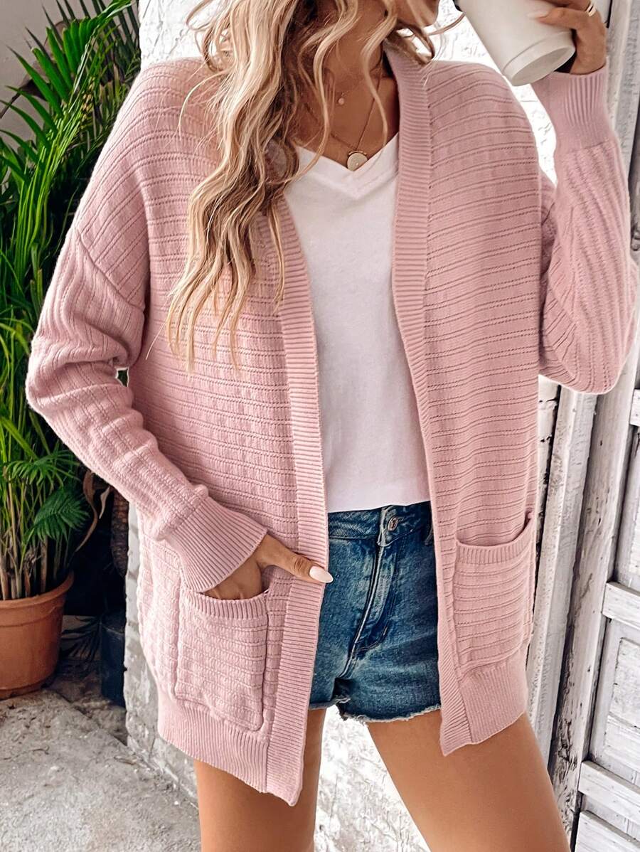 SHEIN LUNE 女士秋季中长款开衫毛衣夹克 - 粉色 - 查看 1