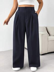 SHEIN EZwear 大码纯色前扣简约西装裤，休闲日常装，毕业装，返校装，秋冬女士教师装 - 藏蓝色 - 查看 3