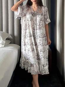 DAZY Lace Patchwork Chinese Style Allover Print Button Front Ruffle Hem Nightgown Pajama - Khaki - View 4