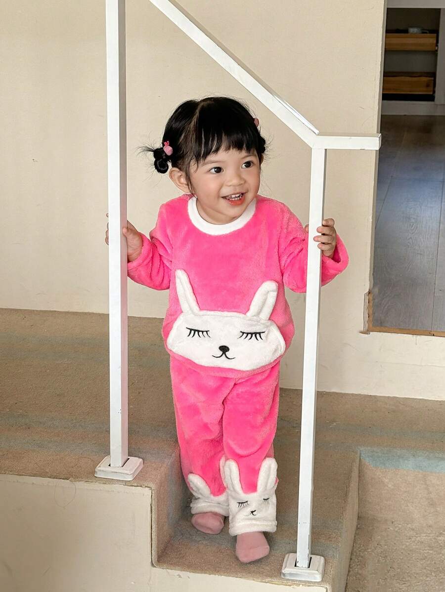 2pcs Baby Girl Crew Neck Long Sleeve Cute Animal Print Sweatshirt And Casual Fleece Pants Set - Pink - View 1