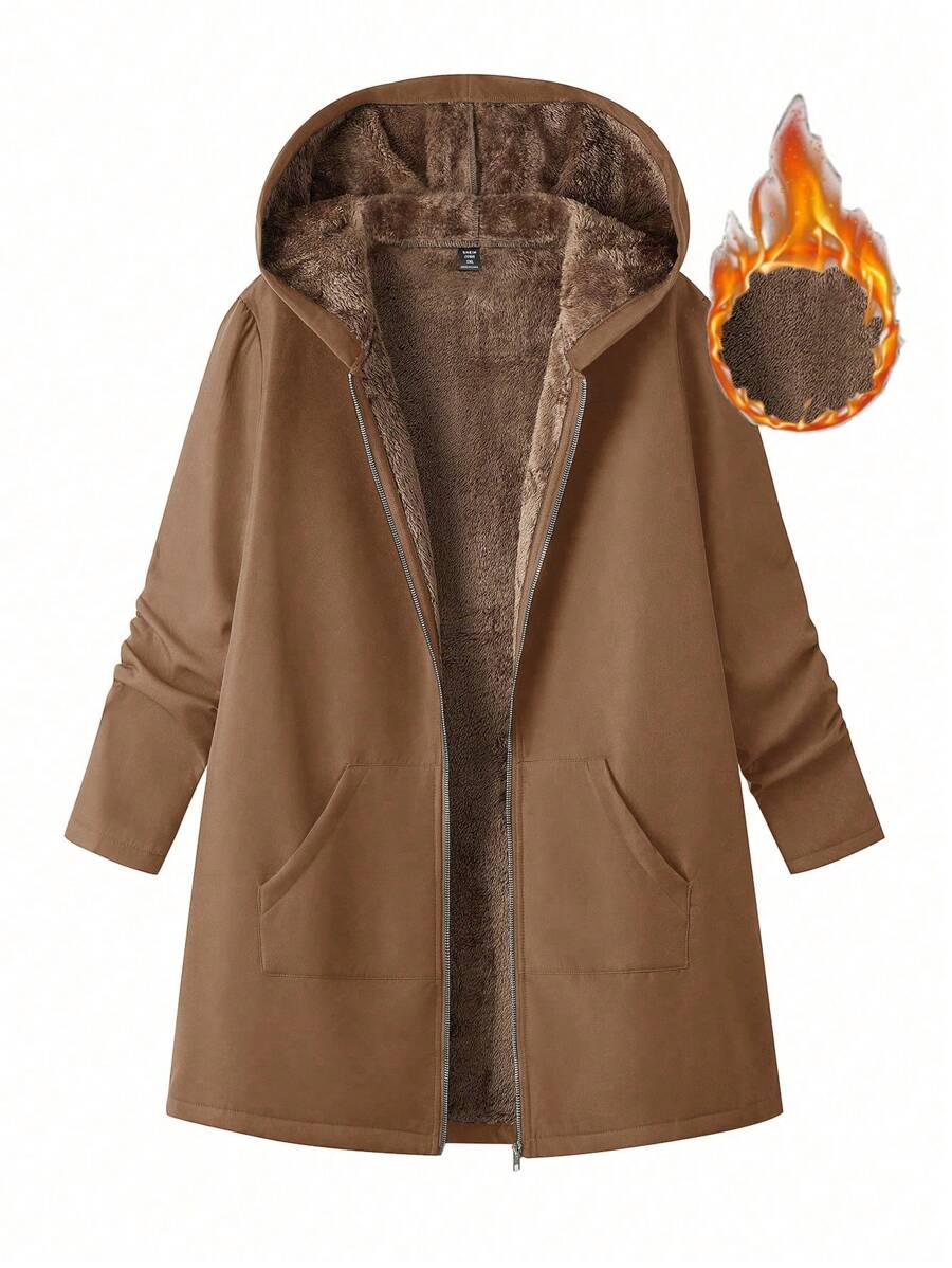 Plus Size Winter Hooded Jacket With Pockets, Thermal Lined Fall Cloth For Women Autumn - Coffee Brown - View 1