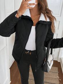 SHEIN LUNE 1pc Women's Black Casual Lune Down& Feathers Coat, Winter,Basic Top,Travel Outfit Airport