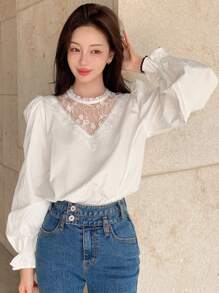 DAZY 长袖宽松女式衬衫，撞色蕾丝细节，荷叶边，秋季服装 - 白色 - 查看 4