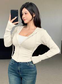 DAZY 1pc Women's Solid Color Fitted Long Sleeve Hooded Zip-Up Cardigan,Fall Women Clothes Jacket