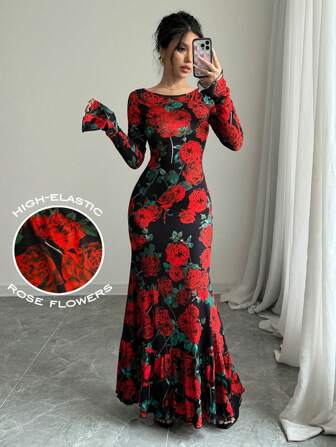 Rafferiza Blommigt tryck Rund hals Utsvängd ärm Fisksvanskant Elegant klänning Maxiklänning Dam Outfit Höstkläder För Damer