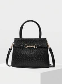 MOTF PREMIUM 女士黑色纯色纹理金属扣饰通勤手提包 - 黑色 - 查看 2