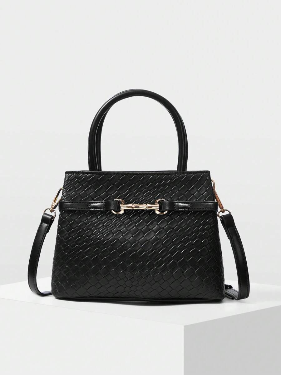 MOTF PREMIUM 女士黑色纯色纹理金属扣饰通勤手提包 - 黑色 - 查看 2