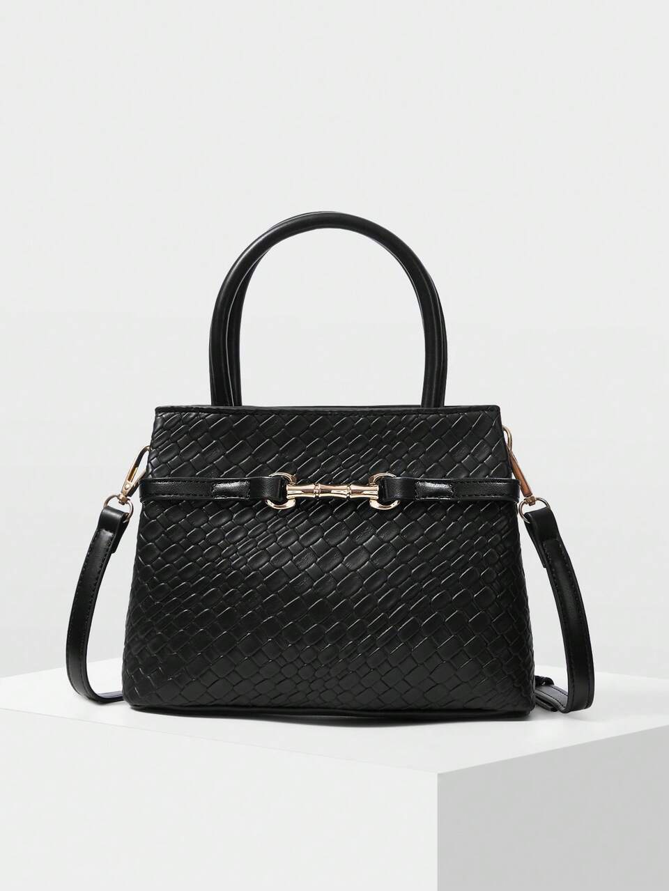 WOMEN BLACK SOLID TEXTURED METALLIC BUCKLE ACCENTED COMMUTER HANDBAG