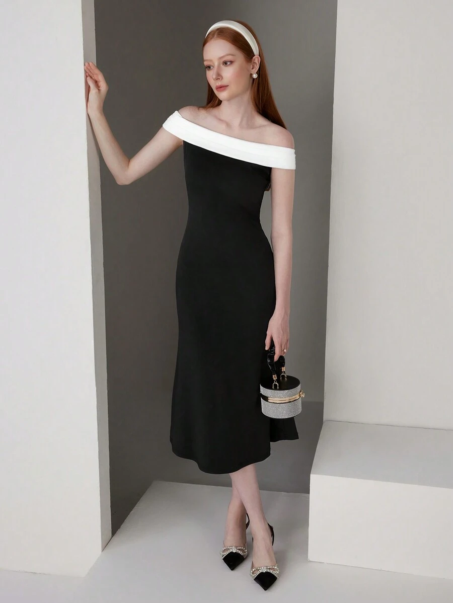Poshira Women's Colorblock Simple Off-Shoulder Cocktail Party Dress