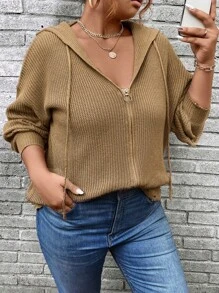 Calvaya Plus Size Women's Solid Color Simple Casual Hooded Cardigan - Khaki - View 7