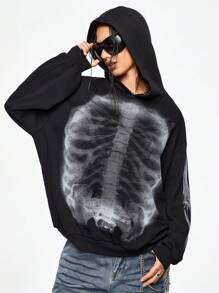 ROMWE Grunge Punk Casual Streetwear Esthetische Film Skeleton X-Ray Grafische Oversized Drop Schouder Dames Hoodie