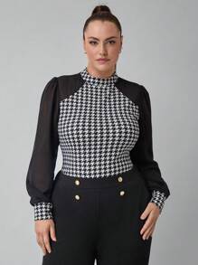 SHEIN Clasi Blusa elegante con cuello alto de pata de gallo en patchwork, talla grande, para mujer, estilo negocios casual de otoño e invierno