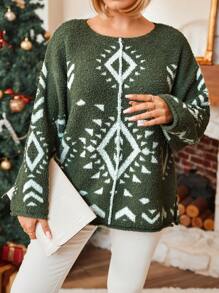 Große Größen Farbblock Geometrisch Weihnachtspullover, für den Winter
