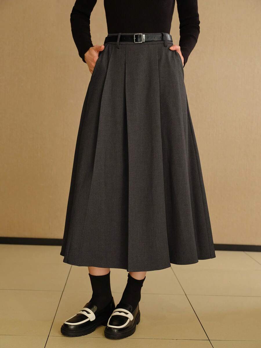MOTF STUDIO SOLID SLANT POCKET FOLD PLEATED BELTED LONG SKIRT