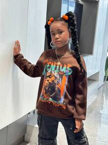 SHEIN 少女街头风休闲针织人像印花宽松长袖卫衣，母女装（2 件单独出售） - 黑色 - 查看 4