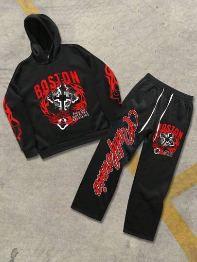 Manfinity EMRG Men's Plus Size Letter Print Hooded Sweatshirt And Sweatpants 2-Piece Casual Set, Spring/Autumn