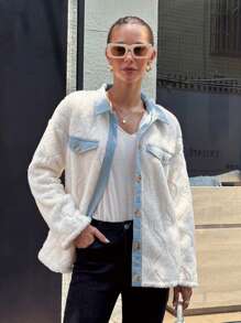 SHEIN LUNE Veste femme à manches longues, en polaire colorbloc, chaude et thermique pour l'automne et l'hiver - Blanc - Voir 5