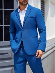 Manfinity Mode 2 件套男士纯色单排扣长袖西装外套和裤子套装，男士纯色简约日常长袖西装套装，蓝色西装套装 - 藍色 - 查看 4