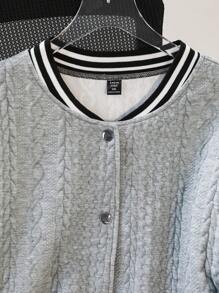 SHEIN EZwear Plus Size Women Casual Long Sleeve Gray Striped Baseball Jacket, Spring Autumn