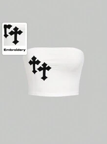 ROMWE Goth 交叉刺繡抹胸上衣 - 白色 - 查看 1