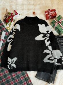 SHEIN Privé Plus Size Elegant Commute & Workplace Sophisticated High-End Venue Refined Afternoon Tea, Slightly Sexy Date, Music Concert & Party Floral Jacquard Long Sleeve Stand Collar Loose Pullover Vintage Academic Style Sweater - Black and White - View 3