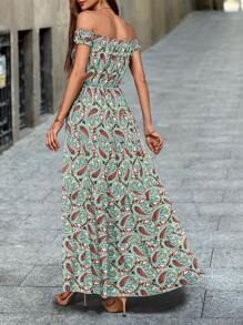 EMERY ROSE 女士夏季度假印花洋裝，露肩短袖長款休閑裙帶印花圖案 - 彩色 - 查看 2