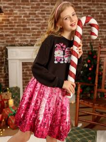 طقم فتيات تويني 2قطعة، ملابس علوية بأكمام طويلة ياقة مستديرة مزين بترتر وتنورة كاجوال بسيطة - متعدد الألوان - مشاهدة 3