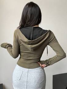 DAZY Spring & Autumn Casual Striped Hooded T-Shirt With Flap Pockets Long Sleeve Women Tops,Fall Women Clothes - Green - View 5