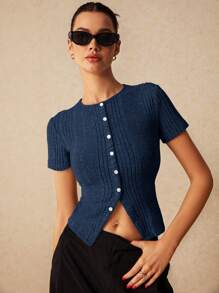 Poéselle 秋季修身不对称罗纹短袖女式 T 恤，带开衩下摆设计，短袖衬衫，圆领，紧身短袖衬衫，T 恤，秋季女式上衣，万圣节衬衫，外出服装 - 藏蓝色 - 查看 2