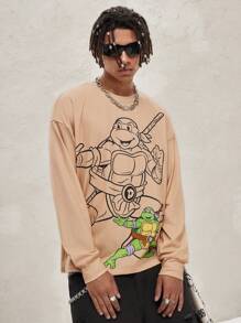 TEENAGE MUTANT NINJA TURTLES | SHEIN Áo thun tay dài dáng rộng in hình con rùa hoạt hình thường ngày cho nam - Màu Khaki - Xem 6