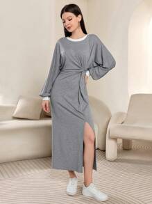 Mulvari Women's Round Neck Batwing Sleeve Waist Twist Open-Hem Casual Sweatshirt Dress, Spring/Autumn Pullover Fall Outfit - Grey - View 8