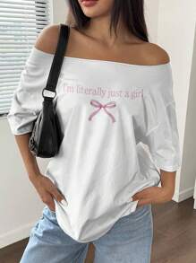 Flirla 1pc Off-Shoulder Loose Slogan & Butterfly Detail T-Shirt, Oversized Y2K Style, Pink Graphic Tees Women Tops - White - View 4